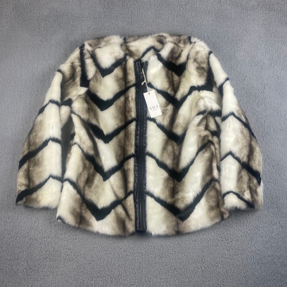 VICI Women's Large Black White Polyester Acrylic Polyurethane Faux Fur Coat